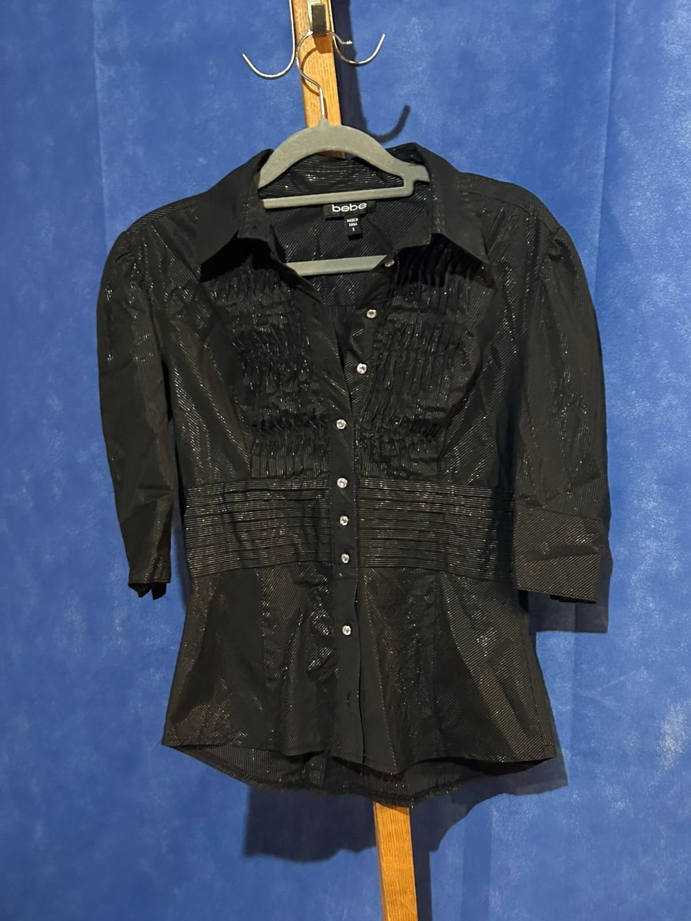 bebe Black Shimmery Pintuck Button-Down Shirt